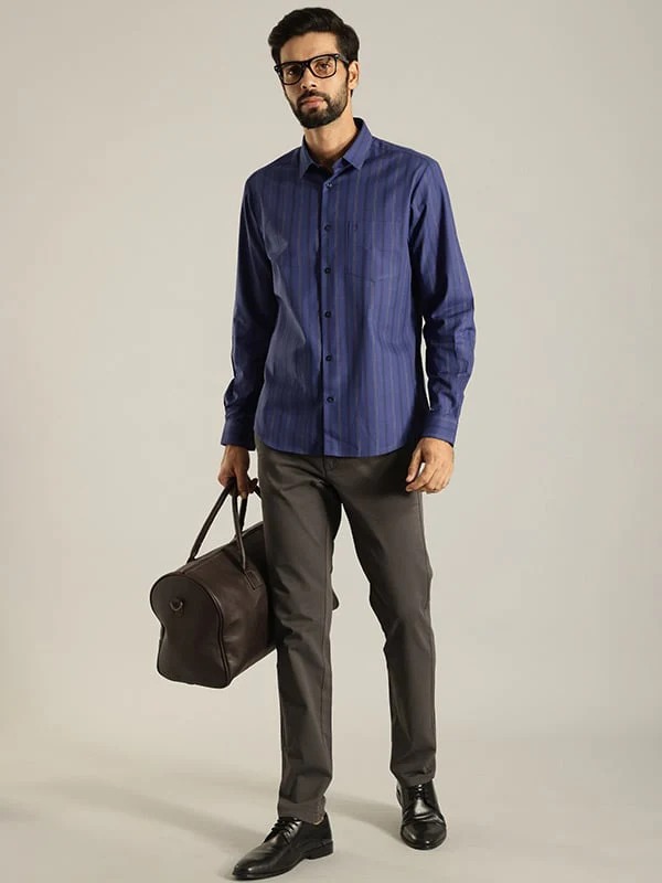 Indian Terrain Men's Slim Fit Full Sleeve Striped Blue Shirt